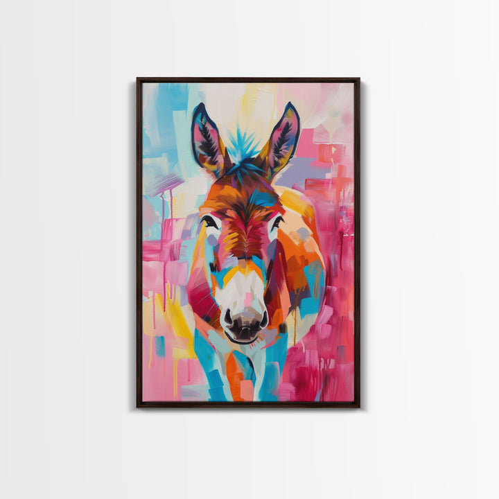 Vibrant Donkey Close-up Art - Framed Canvas Print, Southwestern Decor, Colorful Living Room Wall Art, Modern Animal Portrait