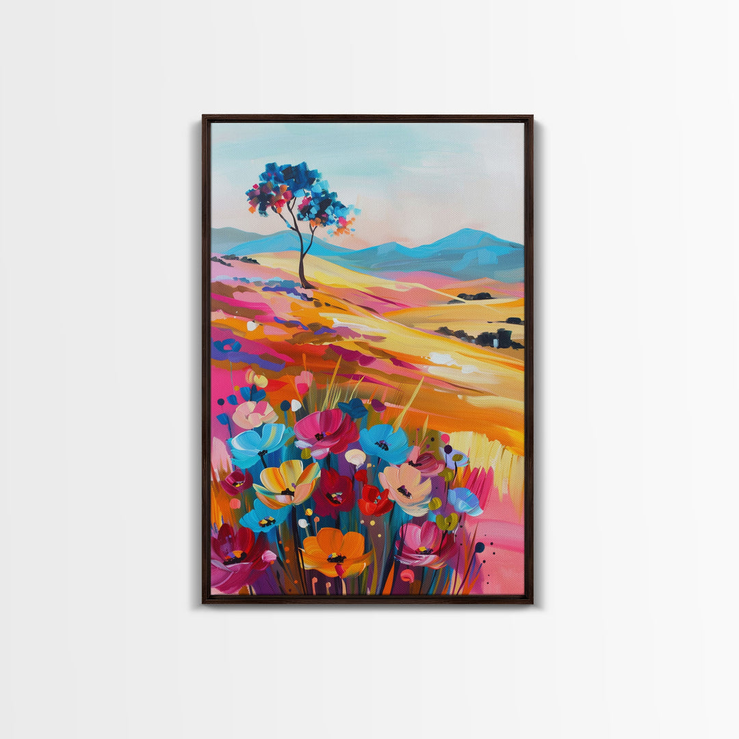 Vibrant Hills and Flowers Framed Canvas Print - Colorful Landscape Wall Art, Bright Living Room Decor, Whimsical Bedroom Art