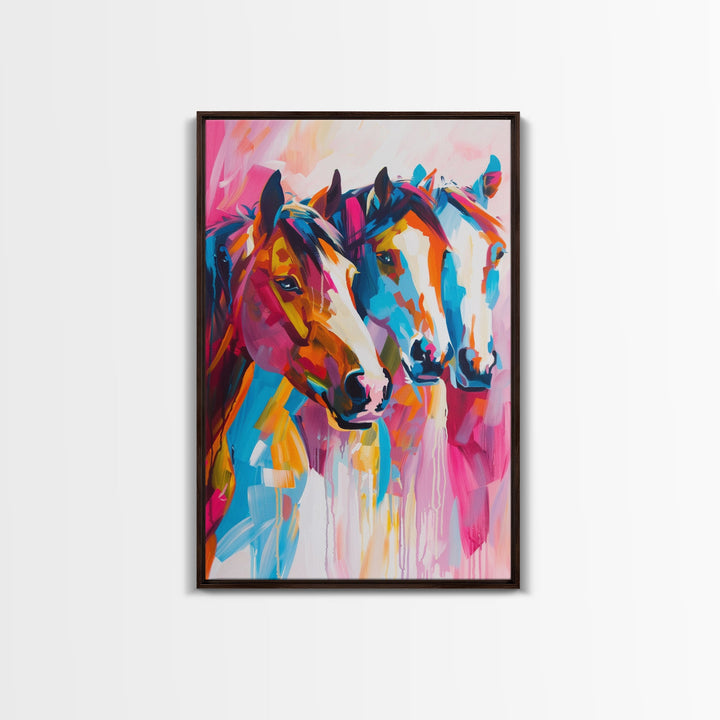 Three Horses in Vibrant Colors Framed Canvas Print - Bold Horse Wall Art, Eye-catching Living Room Decor Bright Bedroom Art Horse Lover Gift