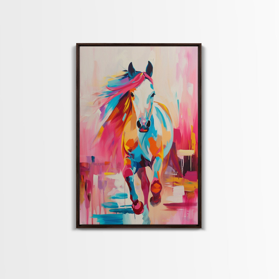 Vibrant Horse in Motion Framed Canvas Print - Dynamic Horse Wall Art, Colorful Living Room Decor, Energetic Bedroom Art, Equestrian Home Art