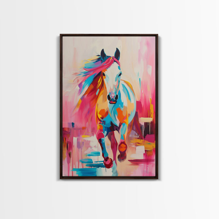 Vibrant Horse in Motion Framed Canvas Print - Dynamic Horse Wall Art, Colorful Living Room Decor, Energetic Bedroom Art, Equestrian Home Art