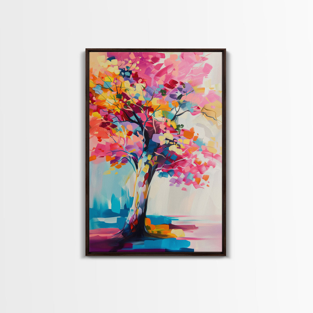 Vibrant Tree Art in Bold Colors - Framed Canvas Print, Modern Wall Art, Living Room Decor, Colorful Nature Artwork, Abstract Tree Art Print