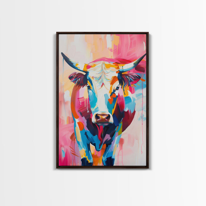 Vibrant Cow Head in Bold Colors - Framed Canvas Print, Modern Wall Art, Living Room Decor Colorful Animal Artwork, Cow Portrait, Bedroom Art