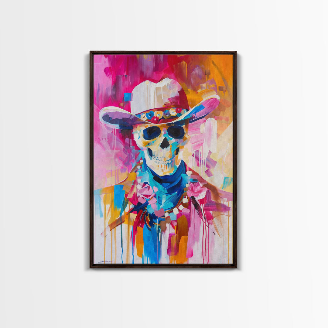 Vibrant Skeleton Cowboy Art - Framed Canvas Print, Colorful Western Decor, Skull Art, Living Room Wall Art, Unique Home Decor