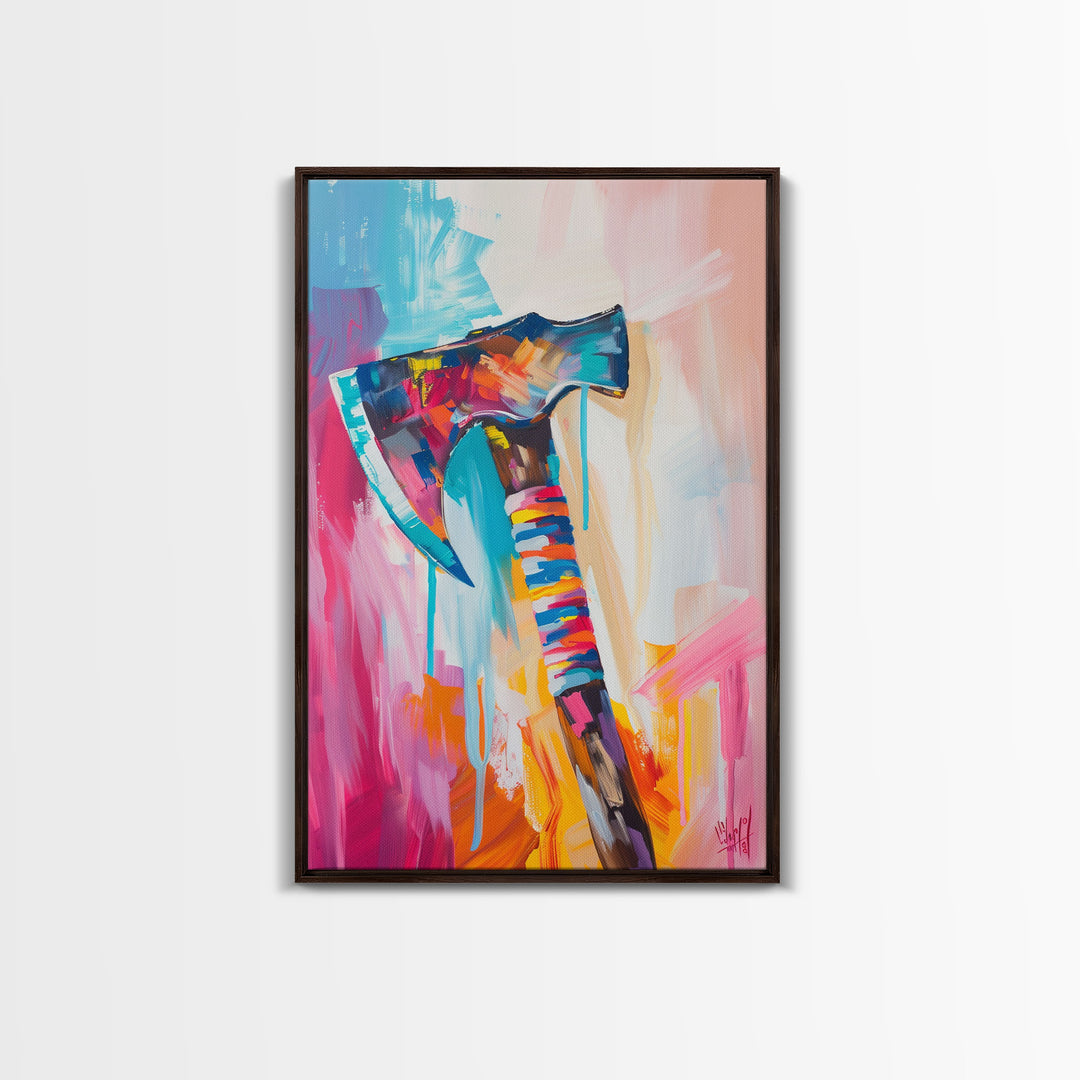 Abstract Colorful Axe Painting - Framed Canvas Print, Unique Living Room Decor, Bold Wall Art, Vibrant Home Decor