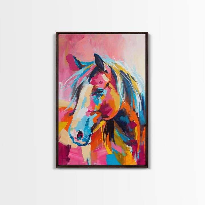 Vibrant Horse Head Painting - Framed Canvas Print, Colorful Living Room Decor, Bold Wall Art, Unique Home Decor