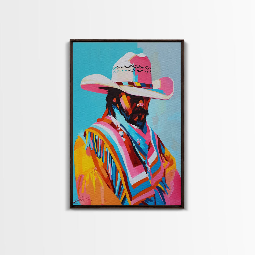 Vibrant Cowboy Portrait - Framed Canvas Print, Colorful Living Room Decor, Bold Wall Art, Unique Home Decor