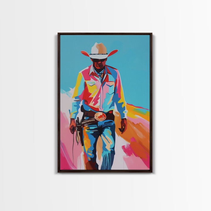 Vibrant Cowboy in Desert Silhouette - Framed Canvas Print, Colorful Western Art, Modern Cowboy Wall Art for Living Room Decor