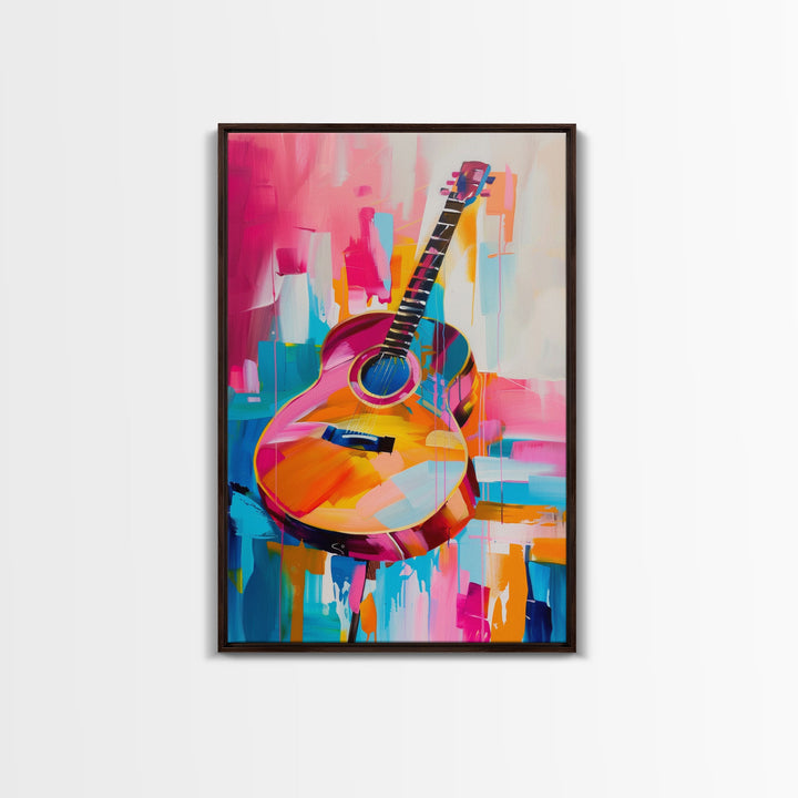 Vibrant Acoustic Guitar Painting - Framed Canvas Print, Colorful Western Art, Musical Wall Art for Living Room Decor