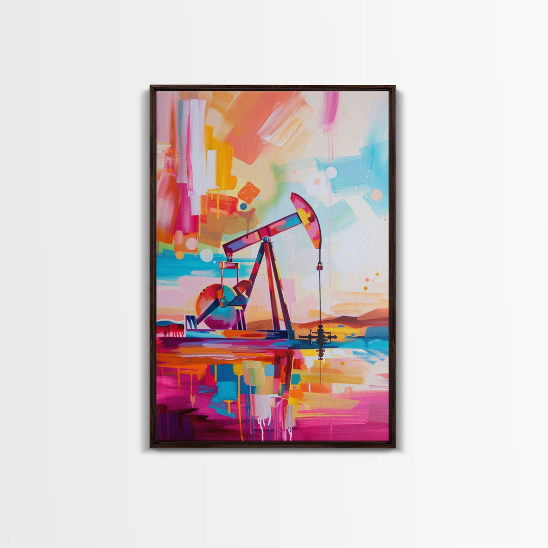 Vibrant Abstract Oil Rig Art - Framed Canvas Print, Modern Industrial Decor, Colorful Oil Pump Wall Art, Unique Living Room Artwork