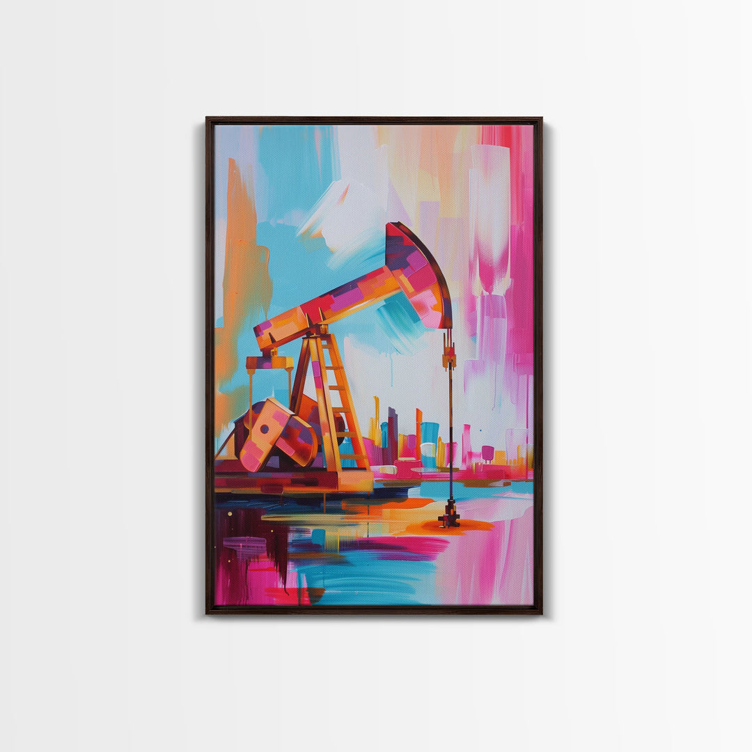 Colorful Oil Derrick Canvas Art - Framed Canvas Print, Contemporary Industrial Decor, Modern Oil Rig Wall Art, Bold Bedroom Decor