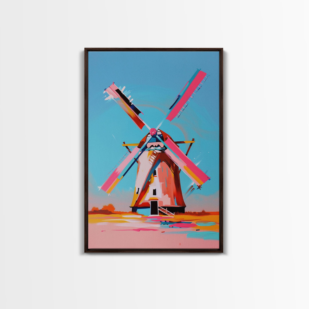 Playful Windmill Canvas Art - Framed Canvas Print, Modern Farmhouse Decor, Bright Windmill Wall Art, Vibrant Bedroom Artwork