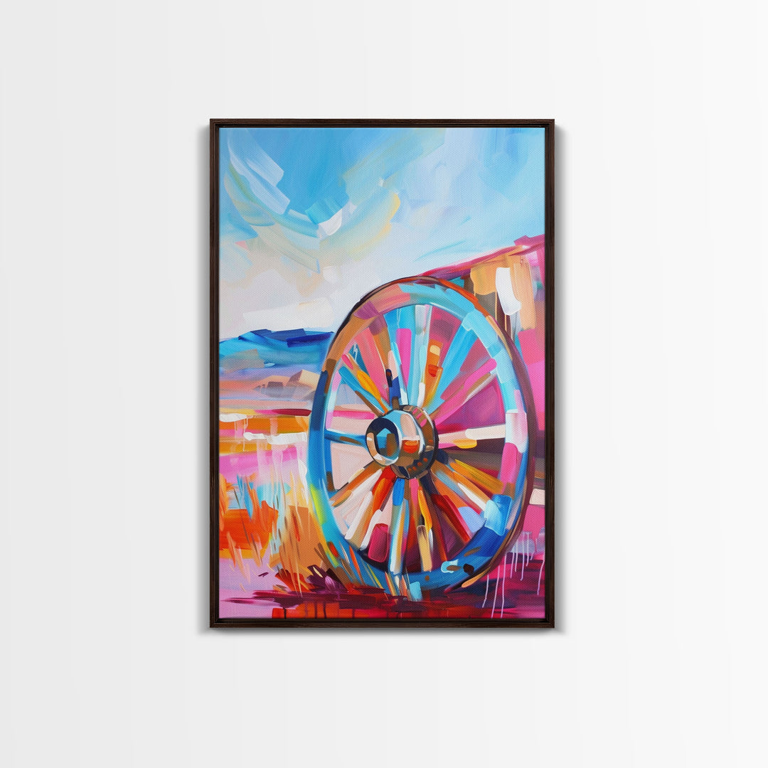 Rustic Wagon Wheel Art - Framed Canvas Print, Colorful Farmhouse Decor, Vibrant Wheel Wall Art, Unique Living Room Artwork