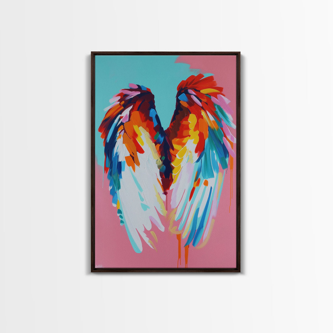 Angel Wings Abstract Art - Framed Canvas Print, Colorful Wing Decor, Modern Angel Wall Art, Whimsical Bedroom Decoration