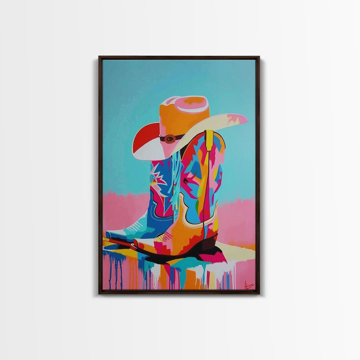 Colorful Cowboy Boots and Hat Illustration - Framed Canvas Print, Vibrant Western Decor, Cowboy Art for Living Room, Western Wall Art