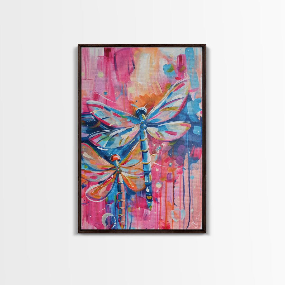 Vibrant Dragonflies in Abstract Background - Framed Canvas Print, Nature-Inspired Art, Colorful Insect Decor, Living Room Wall Art