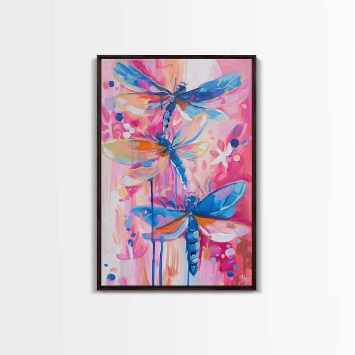 Abstract Dragonfly Trio in Vibrant Colors - Framed Canvas Print, Colorful Nature Art, Living Room Decor, Bedroom Wall Art