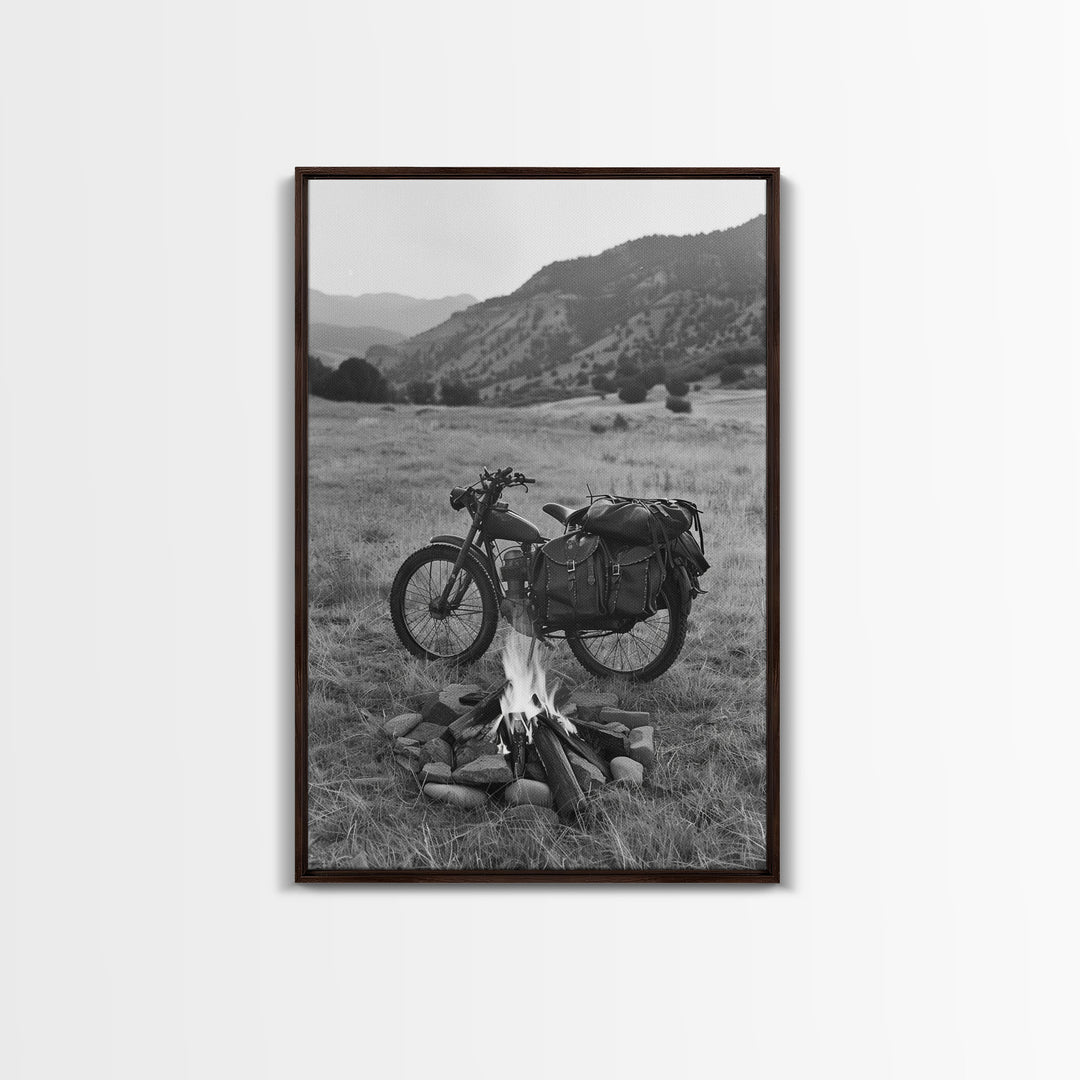 Vintage Motorcycle with Campfire in Black and White for Western Wall Art, Canvas Prints, Rustic Home Decor, Living Room Art, Bedroom Art