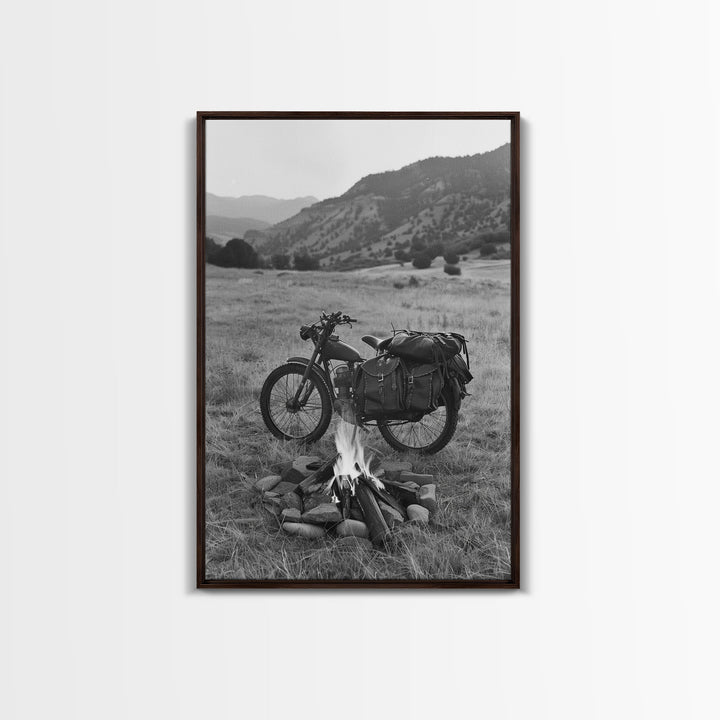 Vintage Motorcycle with Campfire in Black and White for Western Wall Art, Canvas Prints, Rustic Home Decor, Living Room Art, Bedroom Art