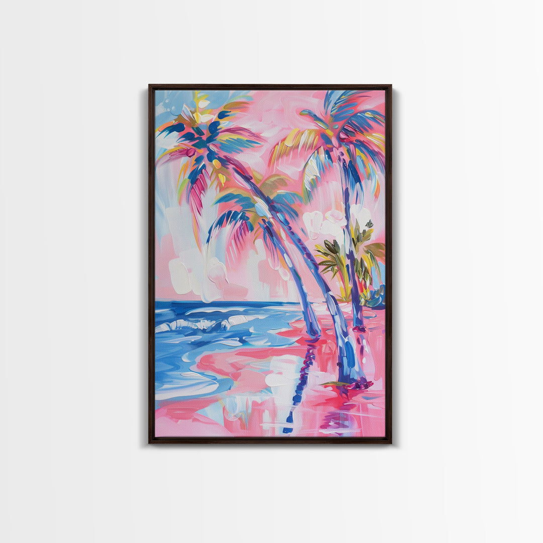 Vibrant Palm Trees and Ocean Waves in Abstract Style - Framed Canvas Print, Coastal Wall Art, Tropical Beach Decor for Living Room