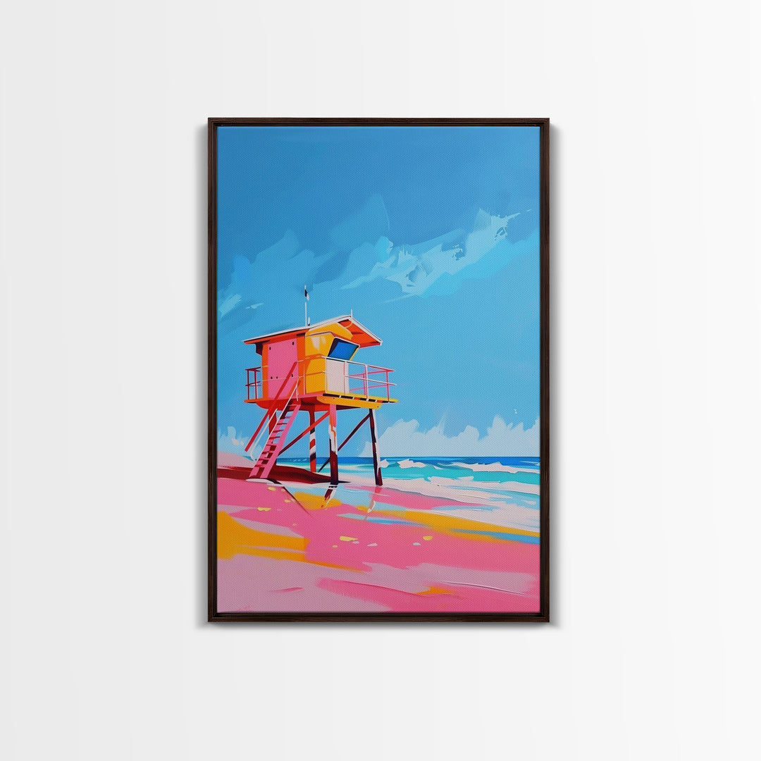 Colorful Lifeguard Tower on Sunny Beach - Framed Canvas Print, Beach House Decor, Coastal Art for Living Room or Office