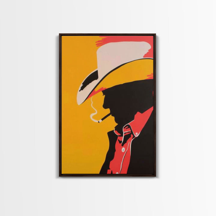 Cowboy Silhouette with Hat and Cigarette - Framed Canvas Print, Western Pop Art, Rustic Decor for Living Room or Office