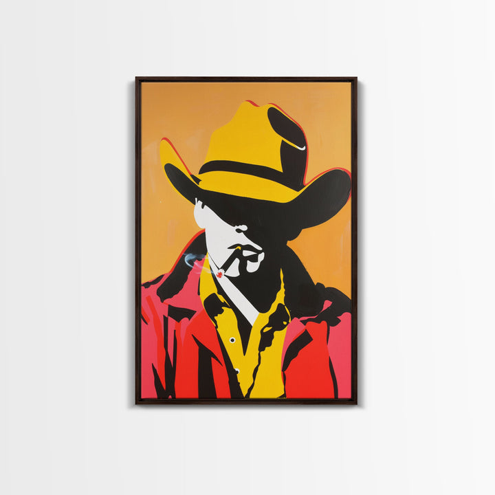 Bold Cowboy Silhouette with Cigarette | Framed Canvas Print | Western Wall Art | Cowboy Art | Living Room Decor | Rustic Home Decor