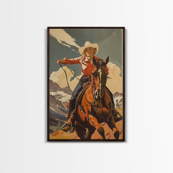 Brave Cowgirl in Mountains with Horse | Framed Canvas Print | Western Wall Art | Living Room Decor | Rustic Home Decor