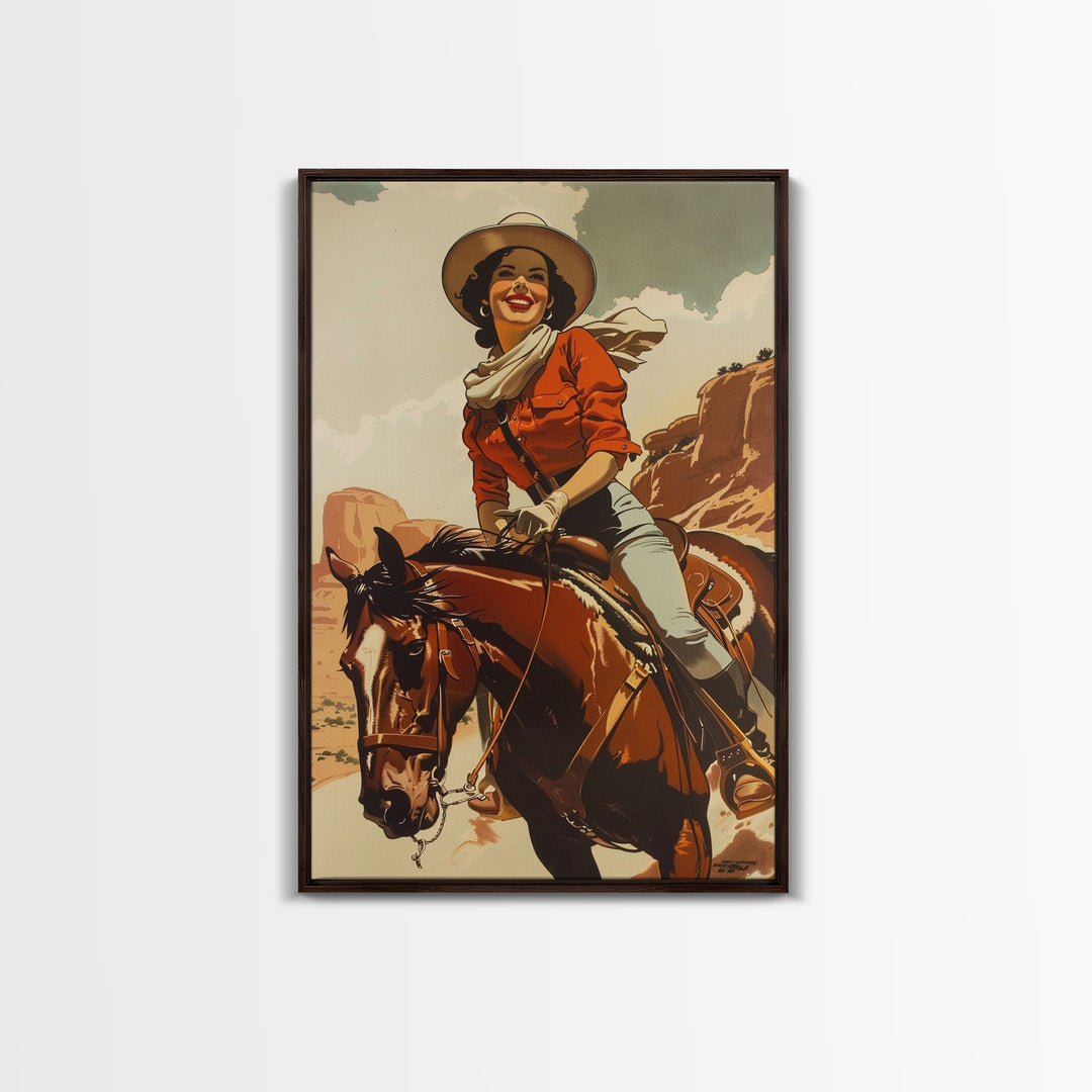 Smiling Cowgirl Riding Through Desert | Framed Canvas Print | Western Wall Art | Living Room Decor | Rustic Home Decor