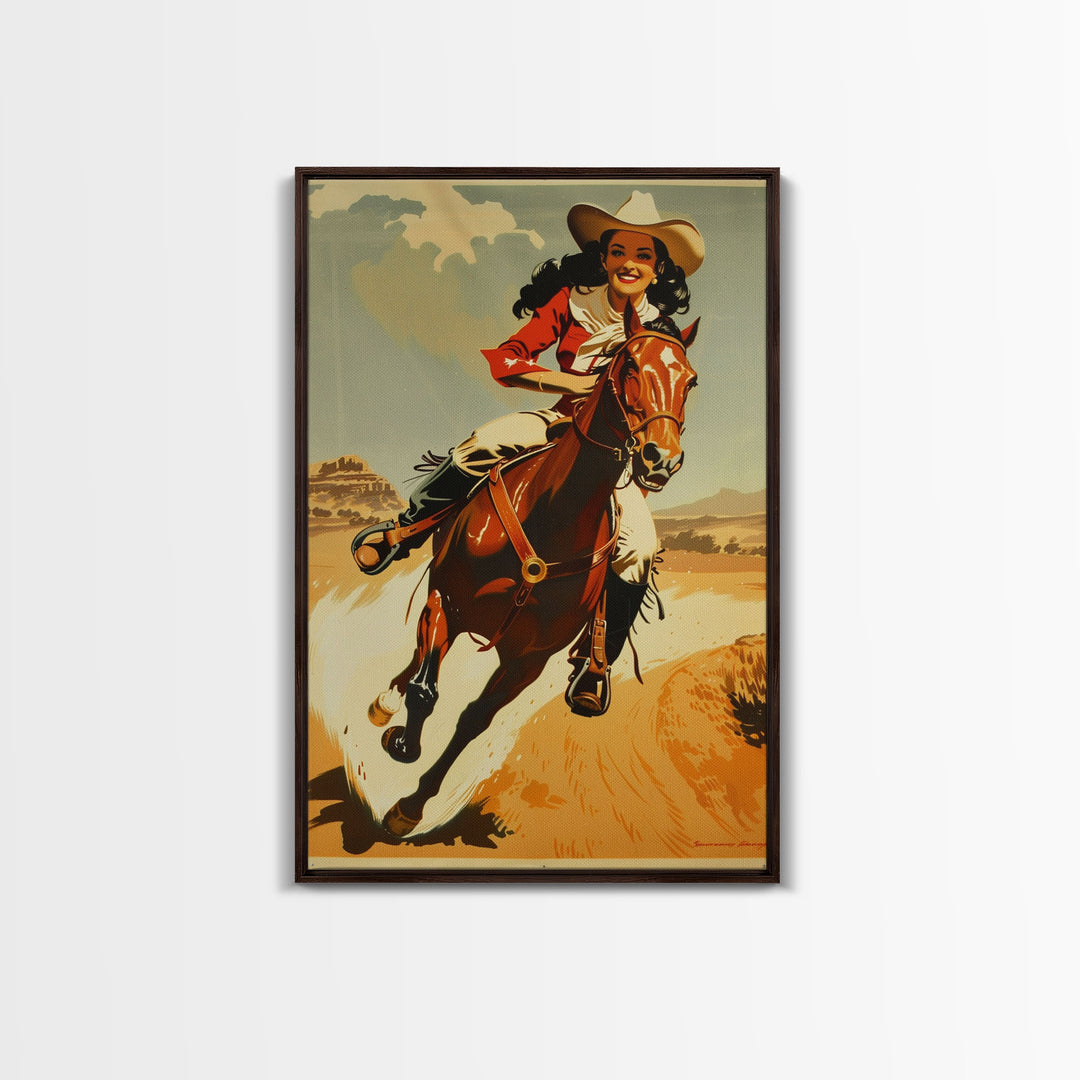 Graceful Cowgirl Jumping with Horse | Framed Canvas Print | Western Wall Art | Living Room Decor | Rustic Home Decor