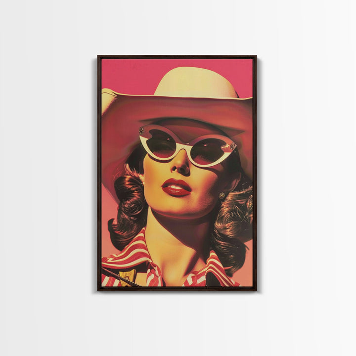 Retro Cowgirl in Sunglasses with Hat Art | Framed Canvas Print | Vintage Western Decor | Classic Cowgirl Wall Art for Home Decor