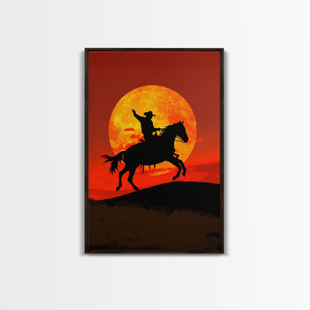 Cowboy Silhouette on Horseback at Sunset | Framed Canvas Print | Western Landscape Art | Rustic Cowboy Wall Art for Living Room