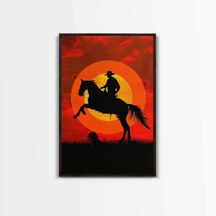 Cowboy on Horse with Dramatic Sunset Background | Framed Canvas Print | Western Silhouette Art | Sunset Cowboy Wall Art for Bedroom