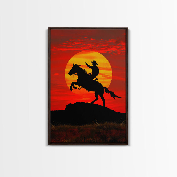 Dynamic Cowboy Horse Ride Silhouette at Sunset | Framed Canvas Print | Western Wall Art | Sunset Horseback Wall Art for Home Decor