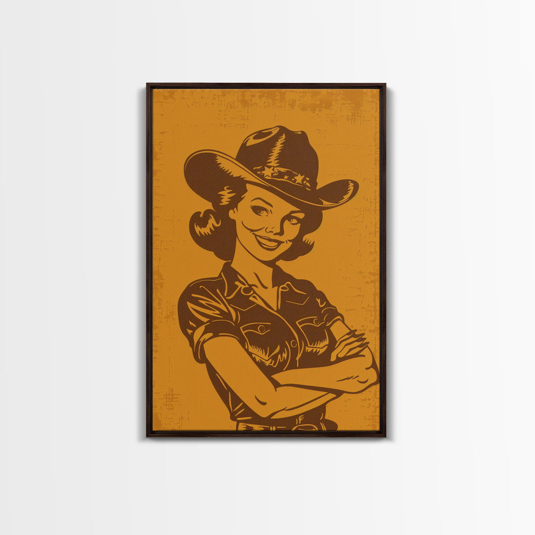 Retro Cowgirl Illustration in Yellow | Framed Canvas Print | Vintage Western Decor | Classic Cowgirl Wall Art for Living Room