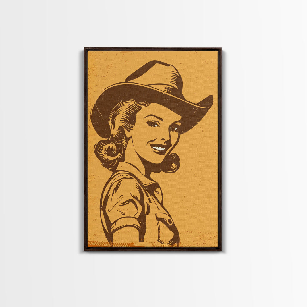 Smiling Retro Cowgirl in Hat Illustration | Framed Canvas Print | Vintage Western Art | Retro Cowgirl Wall Art for Bedroom Decor