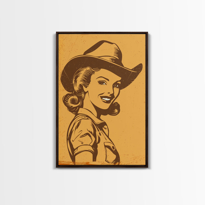 Smiling Retro Cowgirl in Hat Illustration | Framed Canvas Print | Vintage Western Art | Retro Cowgirl Wall Art for Bedroom Decor