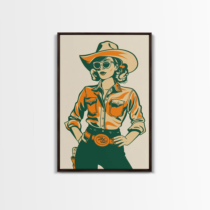 Stylish Retro Cowgirl in Sunglasses Illustration | Framed Canvas Print | Vintage Western Decor | Classic Cowgirl Wall Art for Home