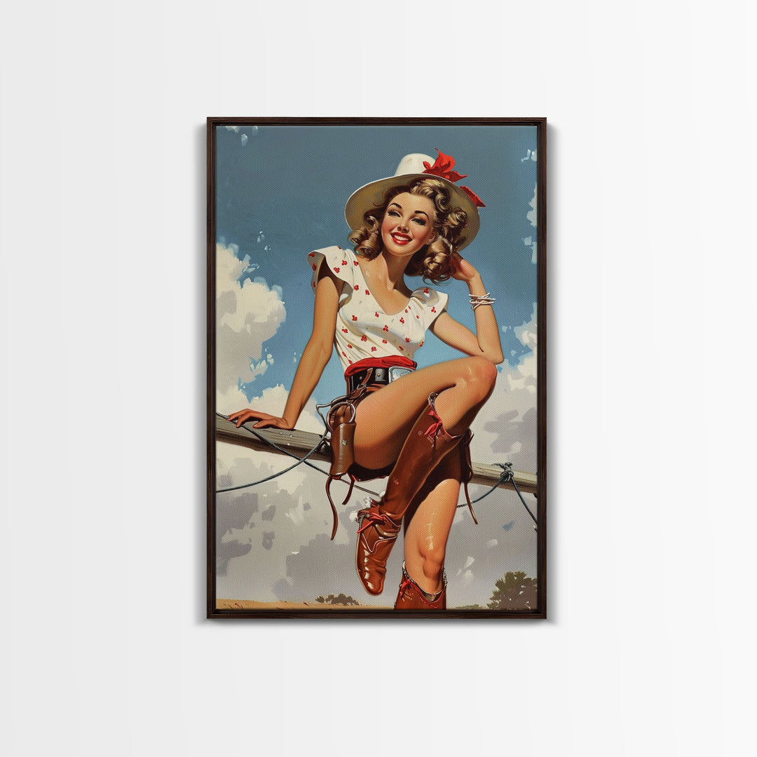 Classic Cowgirl Pin-Up Art Print, Vintage Western Framed Canvas, Retro Pin-Up Girl in Cowboy Hat and Boots, Unique Home Decor