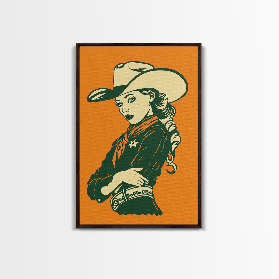 Elegant Retro Cowgirl with Hat Illustration | Framed Canvas Print | Vintage Western Art | Stylish Cowgirl Wall Art for Living Room