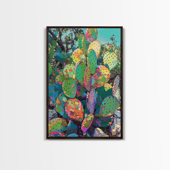 Vibrant Prickly Pear Cactus in Abstract Style - Framed Canvas Print, Colorful Desert Decor, Living Room Art, Cactus Wall Art for Home