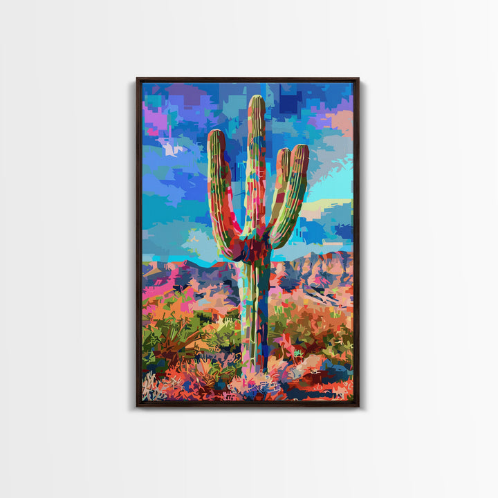 Majestic Saguaro Cactus in Colorful Desert Landscape - Framed Canvas Print, Vibrant Southwest Decor, Living Room Art, Cactus Wall Art