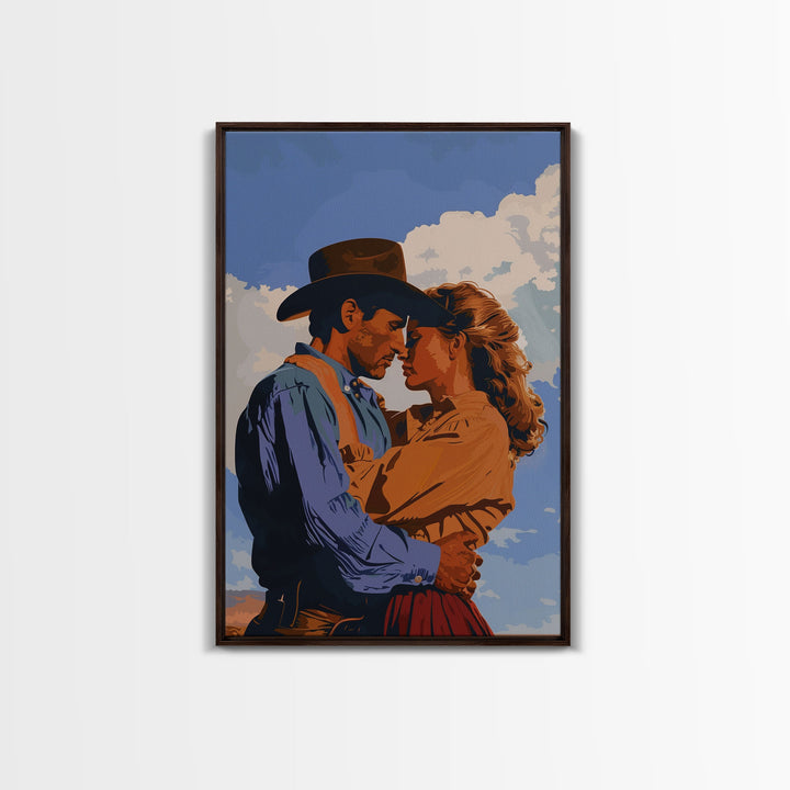 Classic Western Love Scene Under Blue Sky - Framed Canvas Print, Rustic Cowboy Decor, Living Room Art, Romantic Wall Art for Home