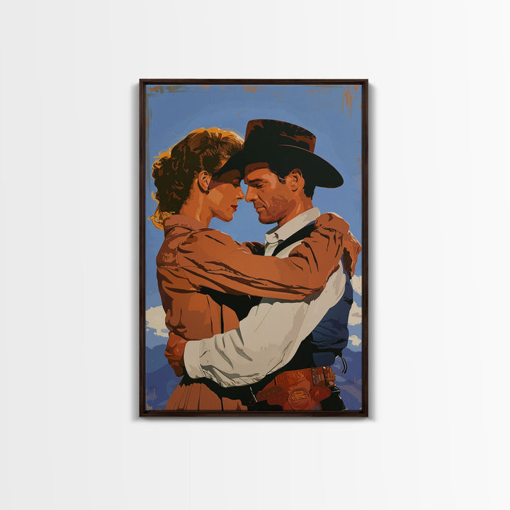 Intimate Western Couple Embracing - Framed Canvas Print, Vintage Western Decor, Bedroom Art, Romantic Wall Art for Home