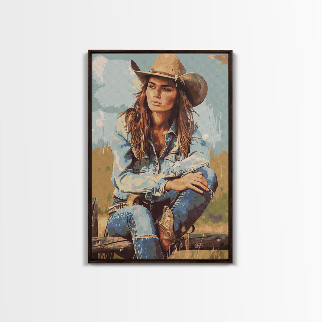 Thoughtful Cowgirl in Denim Framed Canvas Print - Rustic Western Decor, Vintage Wall Art for Living Room, Bedroom Artwork