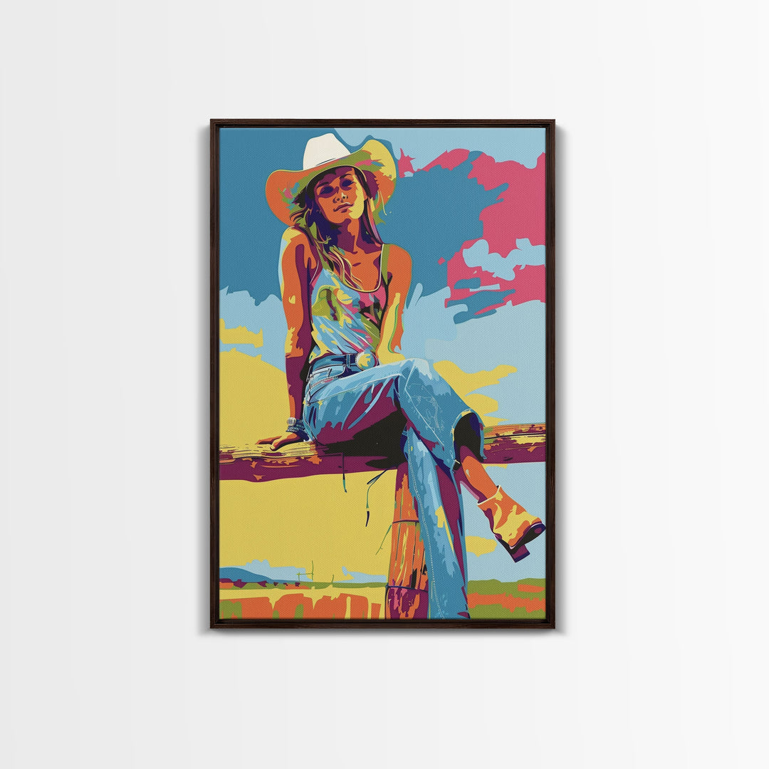 Colorful Cowgirl Portrait Framed Canvas Print - Bright Western Decor, Pop Art Wall Art for Living Room, Bedroom