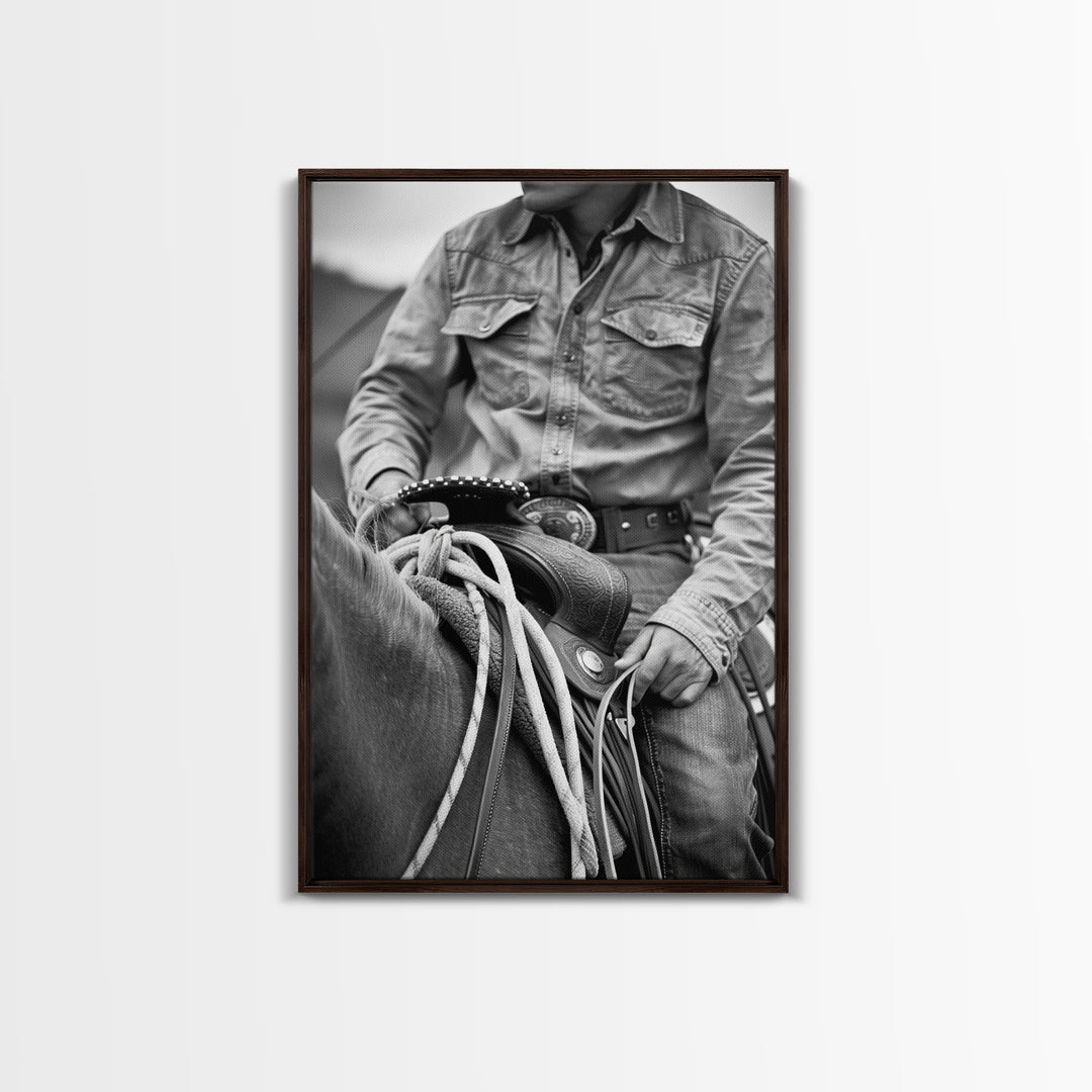 Close-up of cowboy hands holding reins, detailed Western art, black and white photography, Framed Canvas Print, rustic home decor, wall art