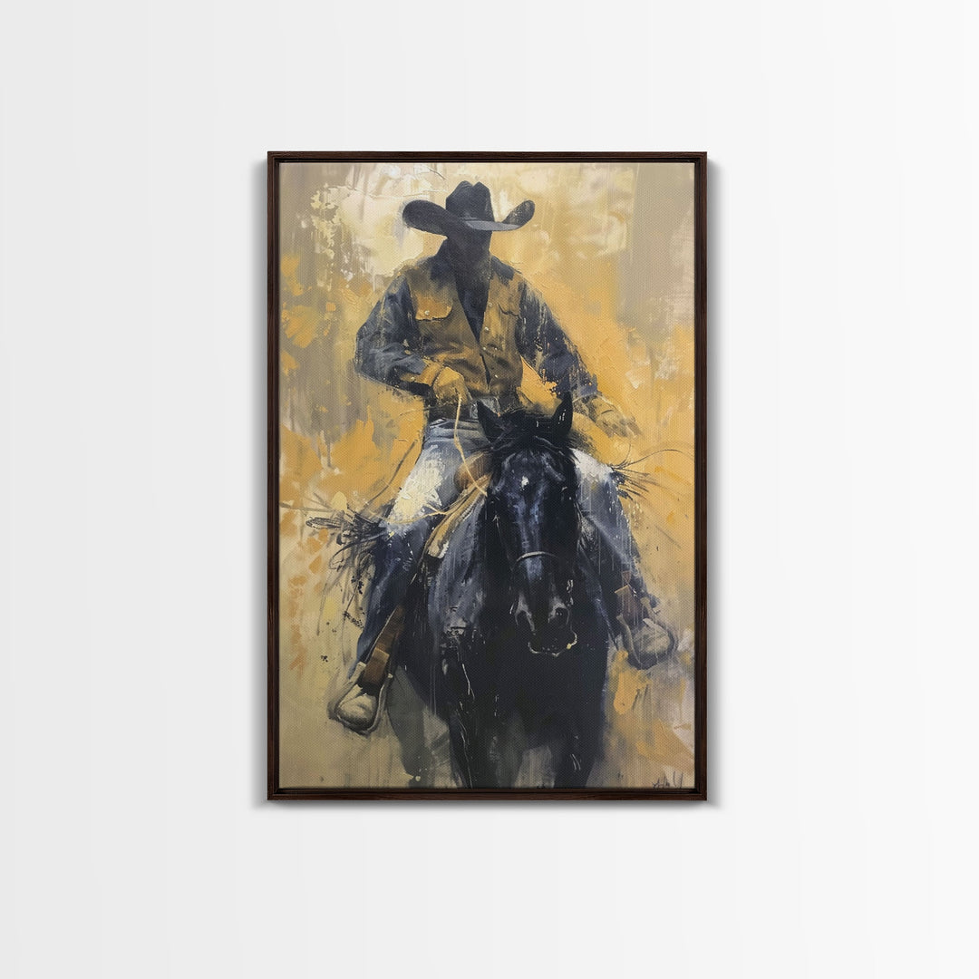 Cowboy in Full Gear Riding Horse - Framed Canvas Print, Western Wall Art, Rustic Decor, Living Room and Bedroom Art Print