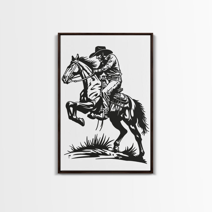 Cowboy Riding Horse with Reins - Framed Canvas Print, Western Wall Art, Rustic Decor, Living Room and Bedroom Art Print