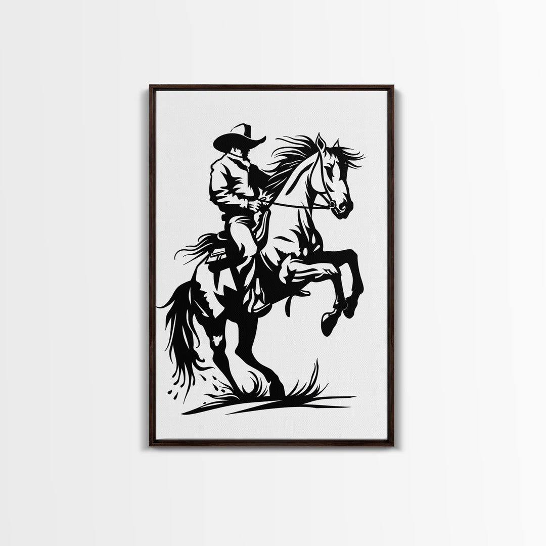 Dynamic Cowboy on Rearing Horse - Framed Canvas Print, Western Wall Art, Rustic Decor, Living Room and Bedroom Art Print